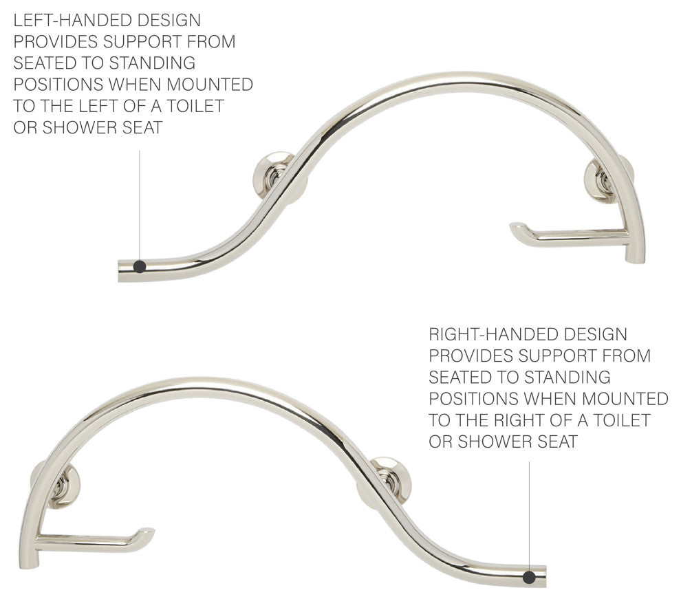 Curved Bathroom Shower Grab Bar w/ Toilet Paper Holder, Satin, Left-Handed
