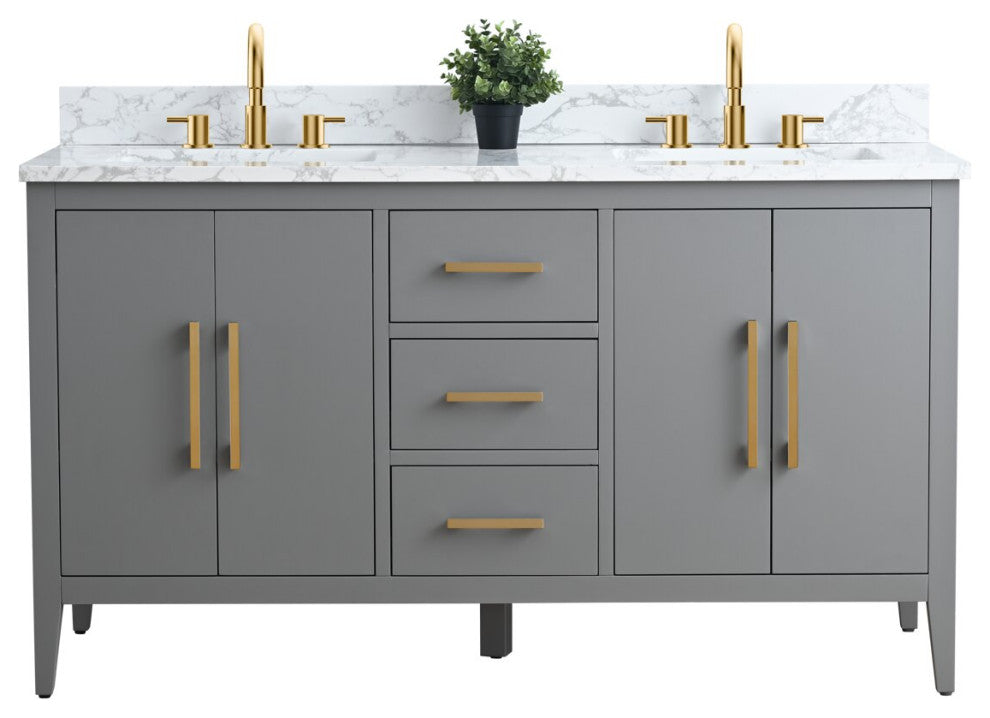 Vanity Art Bathroom Vanity With Sink, Cashmere Gray, 60", Double Sink, Golden Brushed