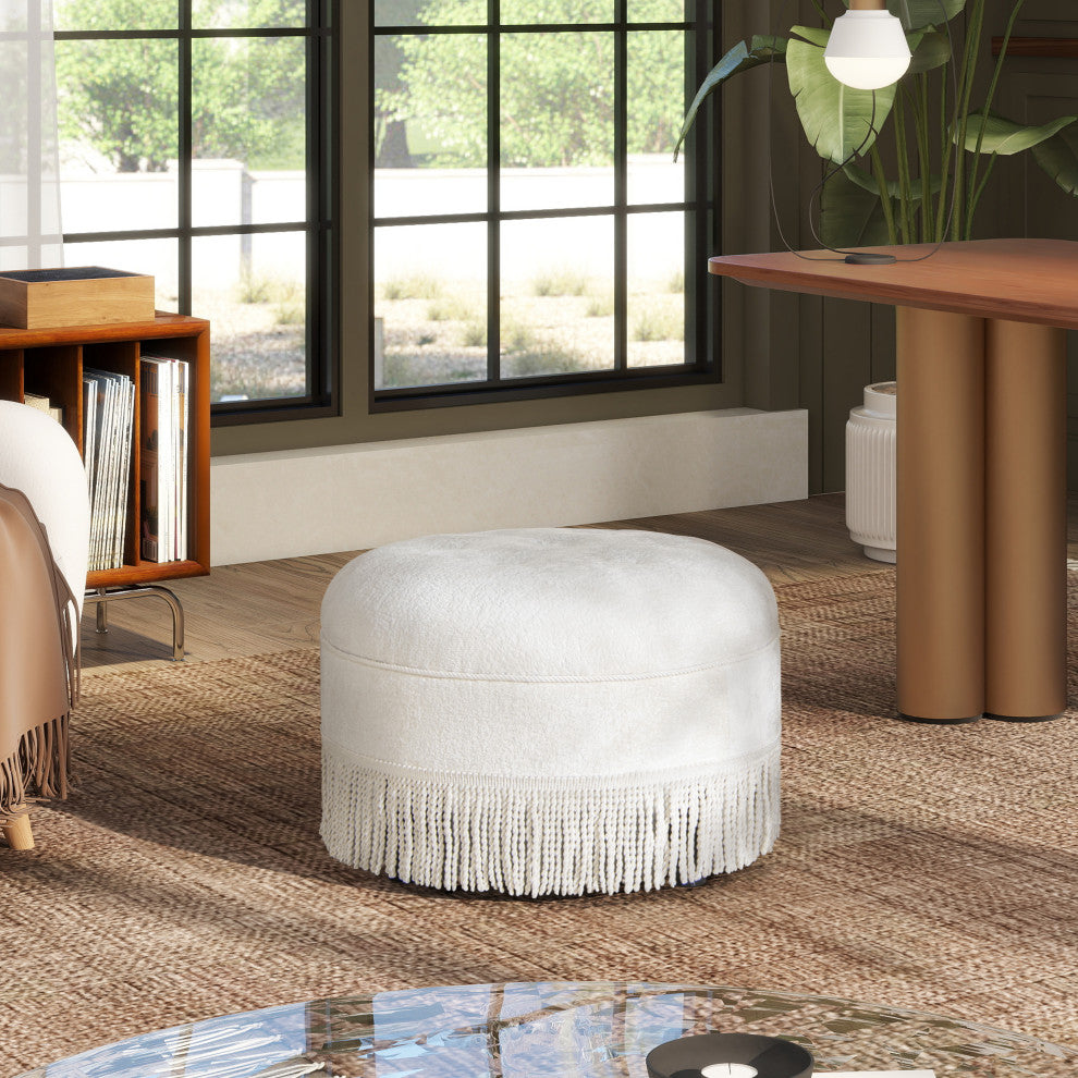 Yolanda 24" Upholstered Round Accent Ottoman, Almond White Chenille