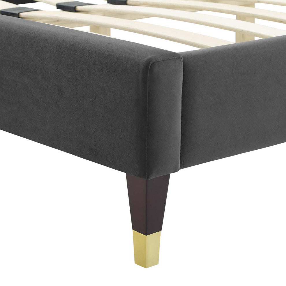 Platform Bed Frame, Nailhead, Queen Size, Charcoal Gray, Velvet, Modern