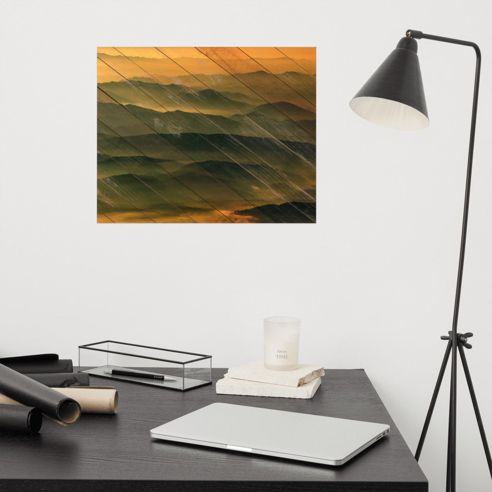 Faux Wood Foggy Mountain Layers at Sunset Landscape Unframed Wall Art Prints, 16" X 20"