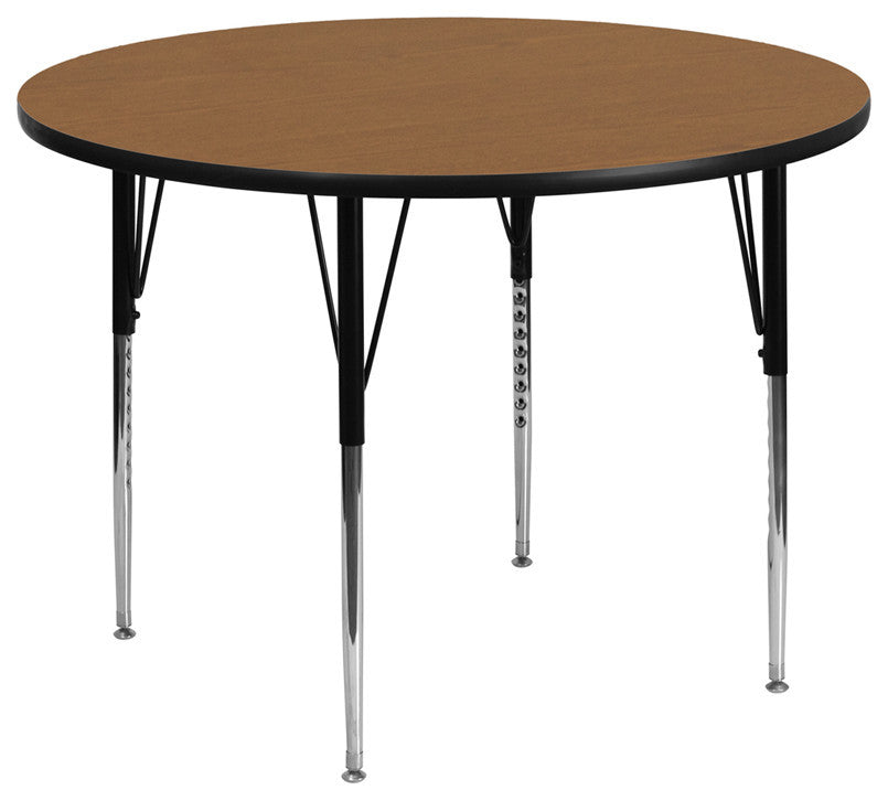 60'' Round Oak Thermal Laminate Activity Table - Standard Height Adjustable Legs