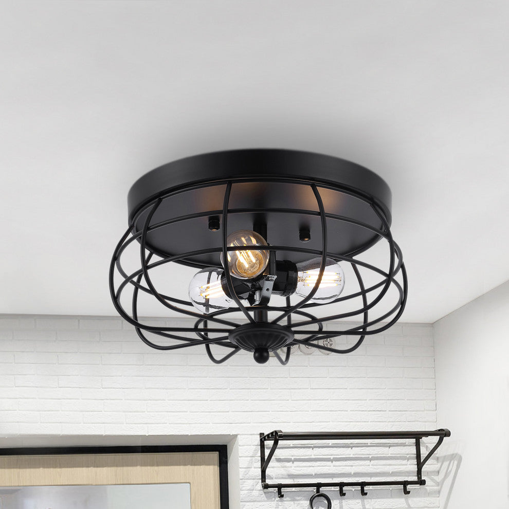 11" Industrial Farmhouse Cage Flush Mount Ceiling Light, Black