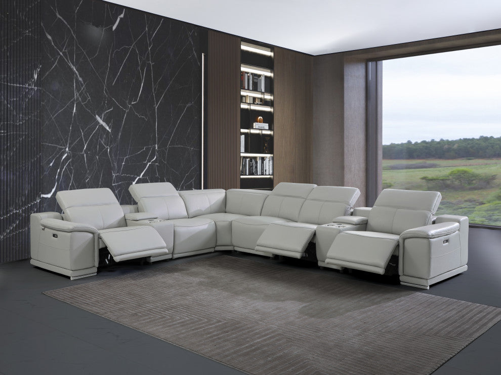 Federico 8-Piece L-Shaped Top Grain Italian Leather Sectional-3 Power Recliners, Light Gray