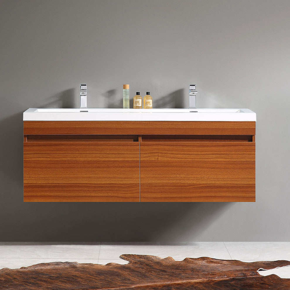 Largo Double Sink Bathroom Cabinet, Base: Teak, With Integrated Sink