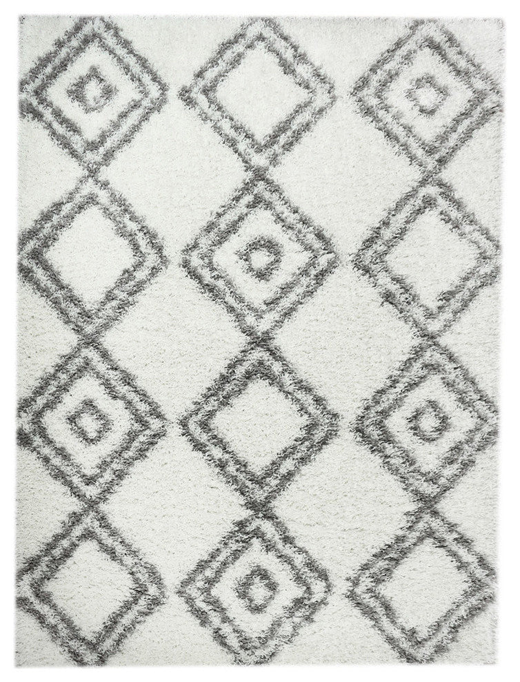Cozy Diamond Shag Rug White & Grey 5' X 7' 2''