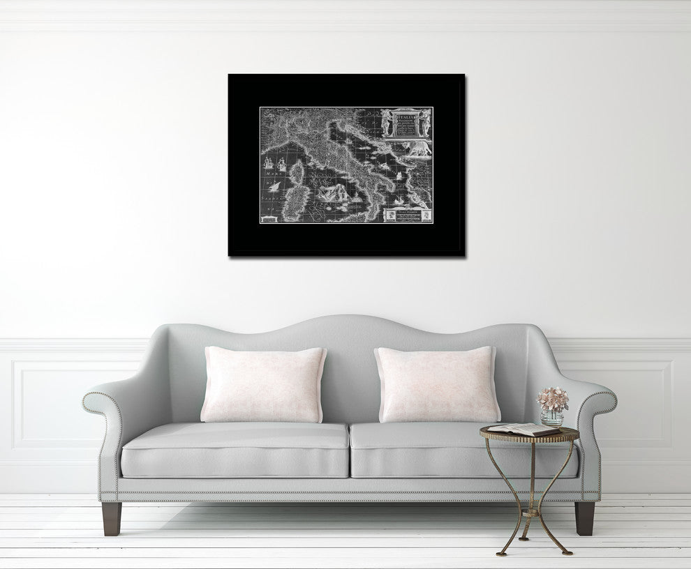 Italy Vintage Monochrome Map Print On Canvas With Black Custom Frame, 16" X 21"