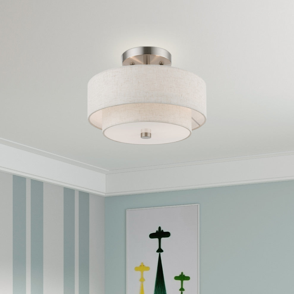 Meridian 2 Light Brushed Nickel Semi-Flush Mount With Oatmeal Shade