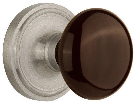 Double Classic Rosette With Brown Porcelain Knob, Satin Nickel