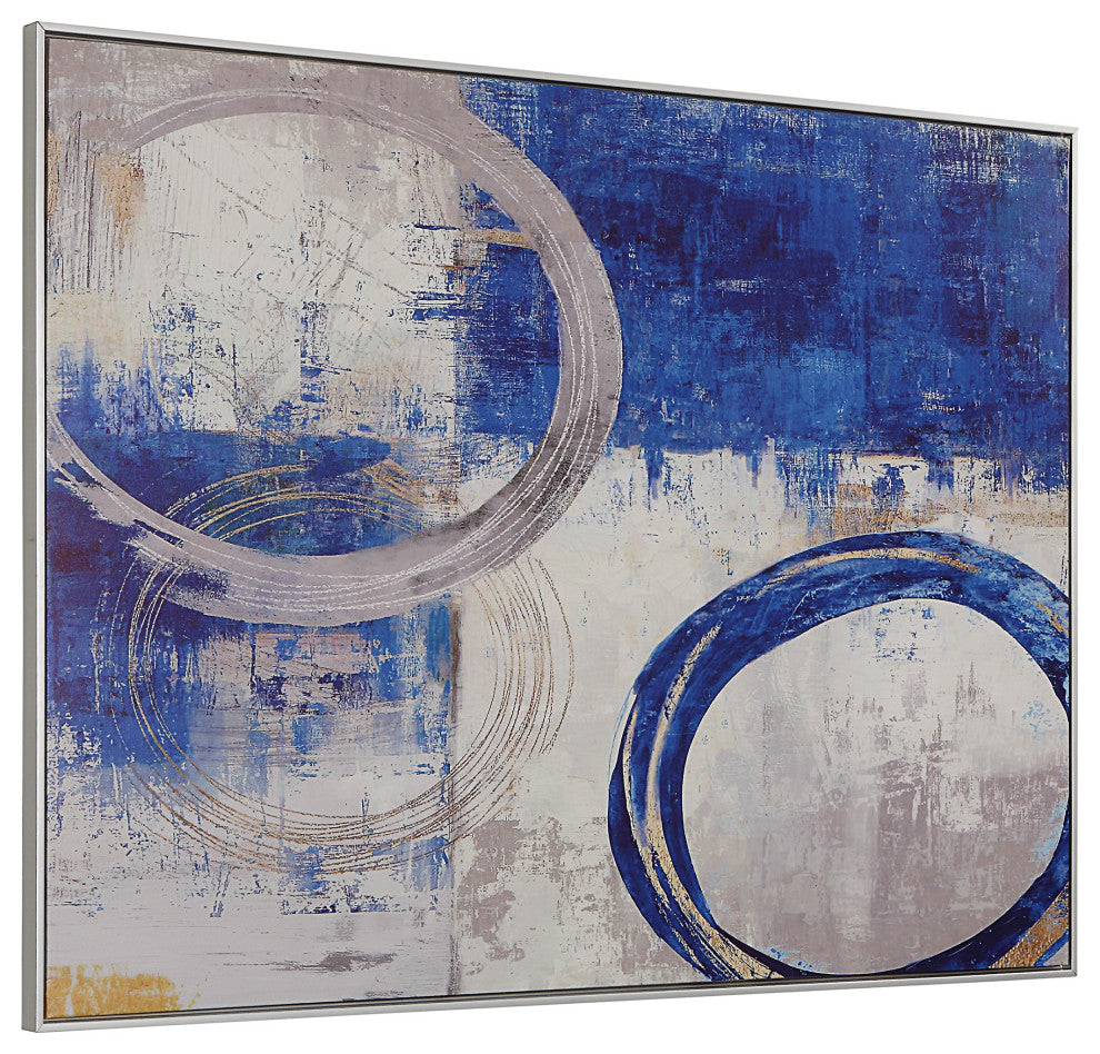 Circle Abstract Wall Art 36x47 With Silver Frame, Blue & Silver