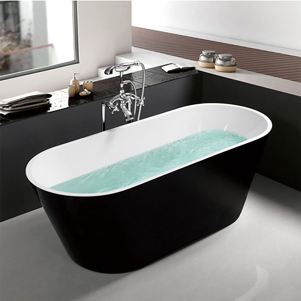 Acrylic Freestanding Soaking Bathtub, Black and White, 67"