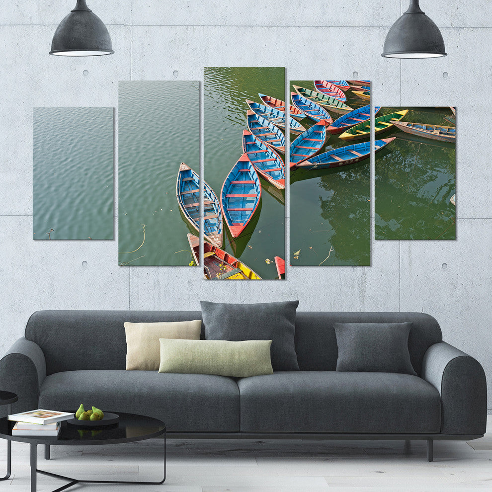 Phewa Lake in Pokhara Nepal, Boat Canvas Art Print, 60"x32", 5 Panels