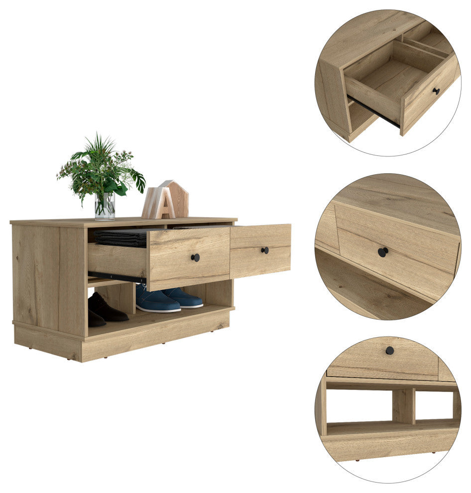 Tulip Storage Bench with 2 Drawers and 2 Open Shelves, Light Oak