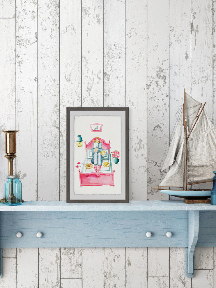 "Pink Bed Reading" Framed Painting Print, 16"x24"