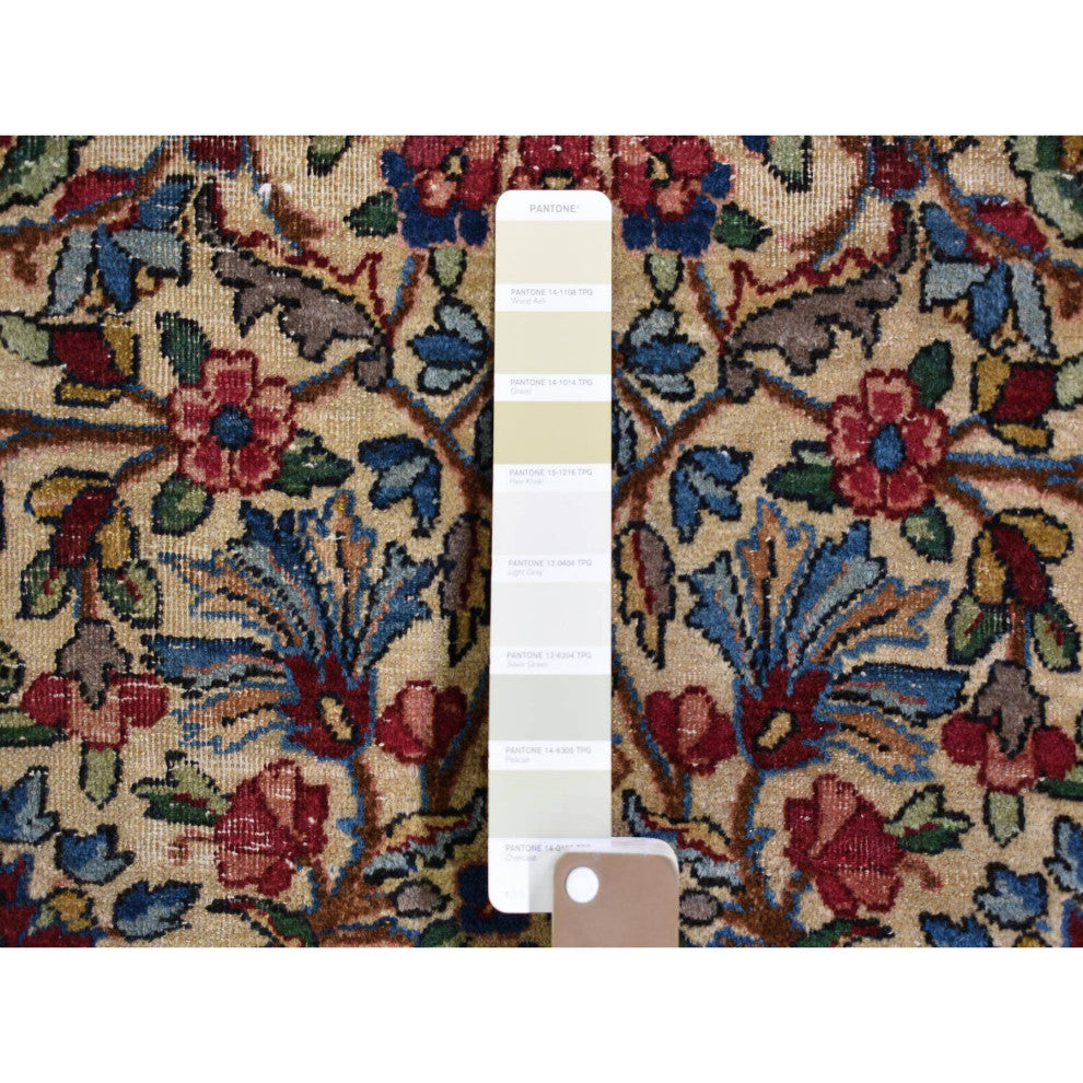 Beige Antique Persian Kerman with Areas of Wear Distressed Clean Rug, 8'9"x11'3"