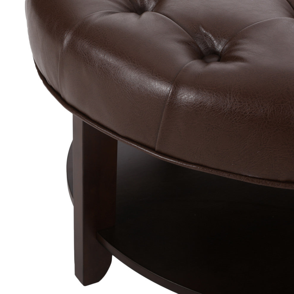 Baynes Faux Leather Tufted Wood Round Ottoman, Open Shelf, Dark Brown + Espresso