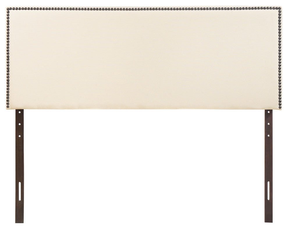 Modern Contemporary King Size Nailhead Upholstered Headboard, Ivory Fabric