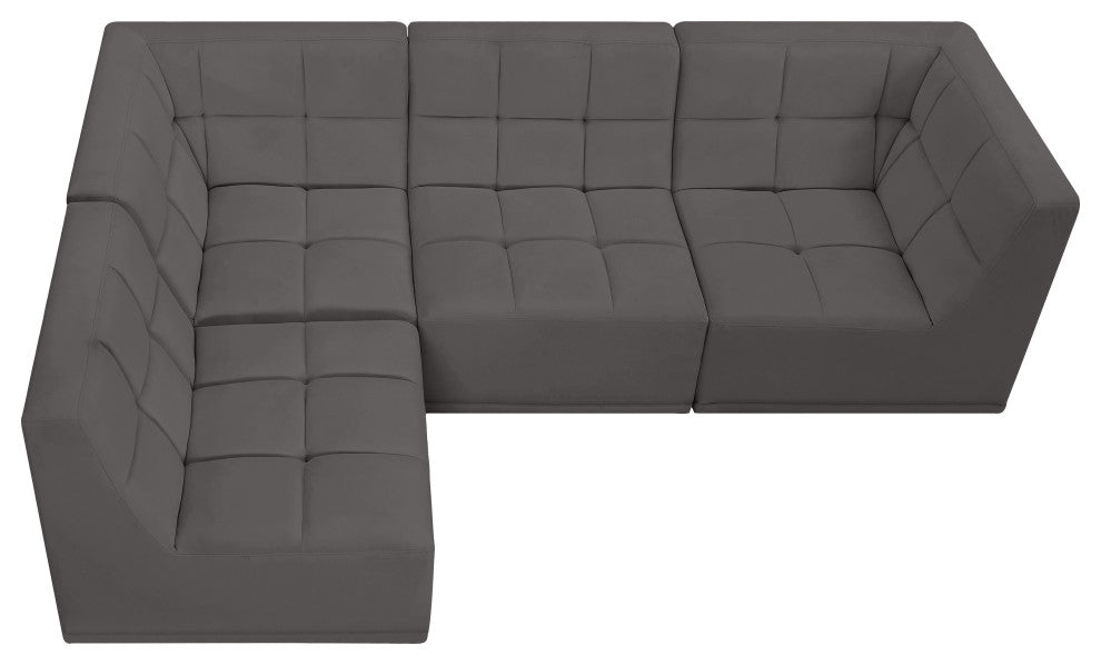 Relax Velvet Upholstered 4-Piece L-Shaped Modular Sectional, Grey