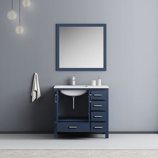 Jacques 36" Vanity, Wht Carrara Marble Top w/ 34" Mirror, Navy Blue, Left