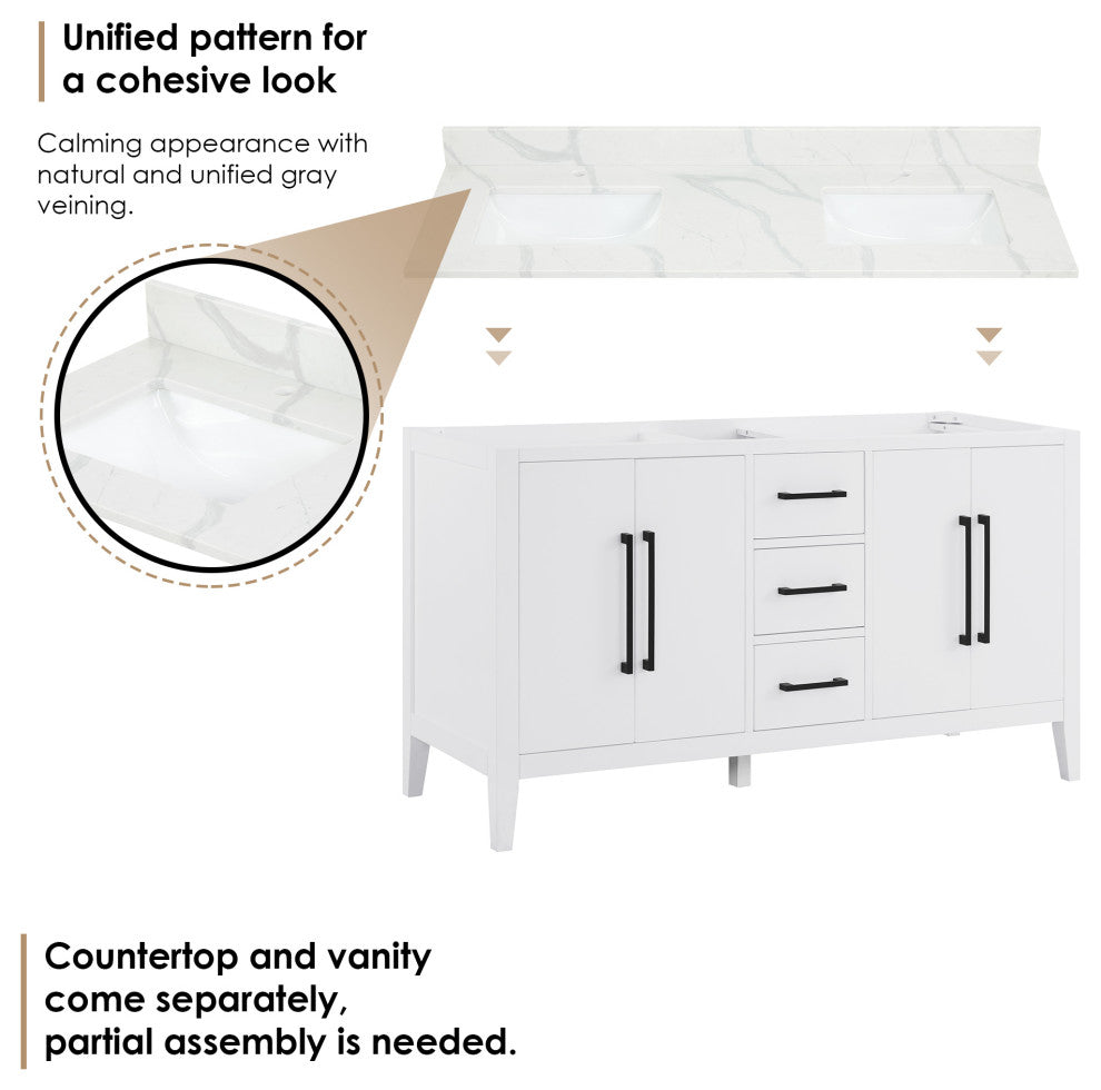 Laurel Bathroom Vanity with Calacatta White Quartz Stone Countertop, White, 60", Without Mirror