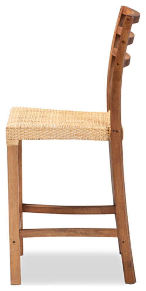 Modern Walnut Brown Finished Wood and Natural Rattan Counter Stool
