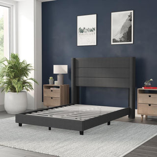 Hollis Upholstered Platform Bed with Wingback Headboard w/Mattress Foundation, Charcoal, Full