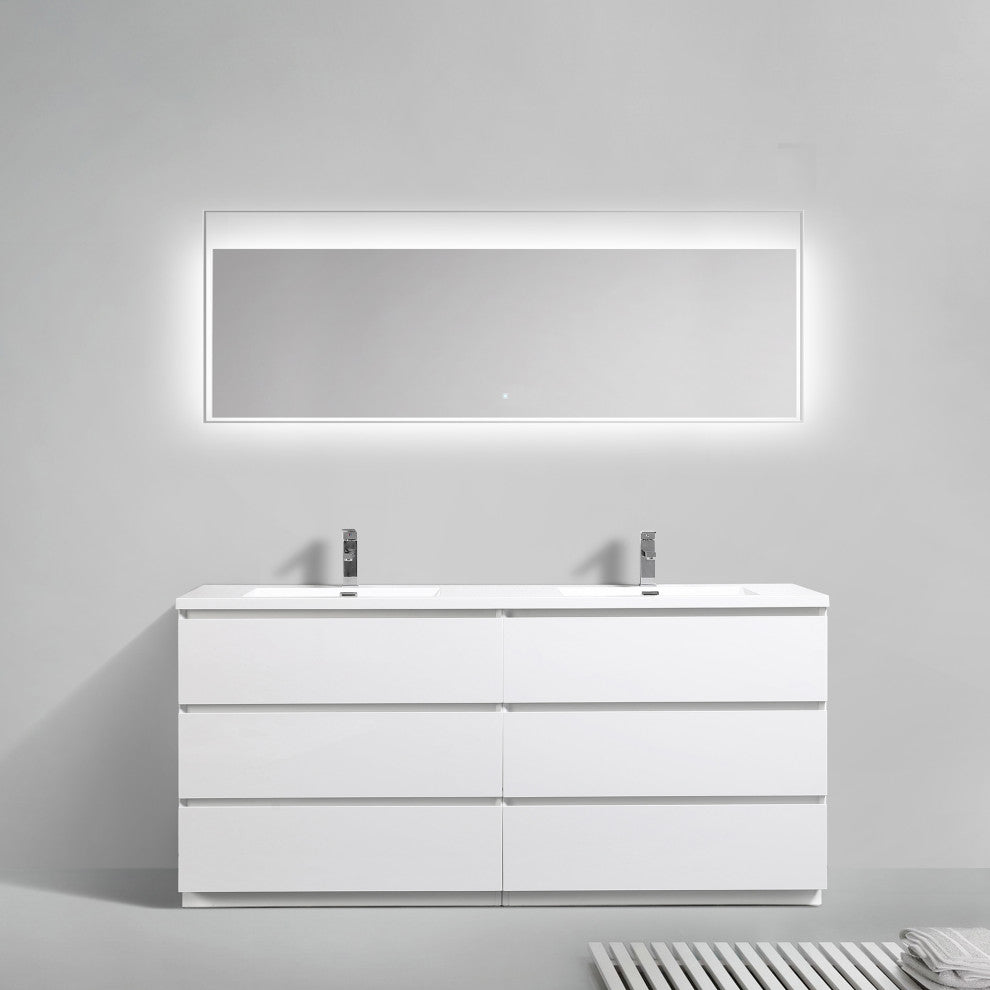 Freestanding Bath Vanity with White Cultured Marble Top, Hg White, 70" X 20"