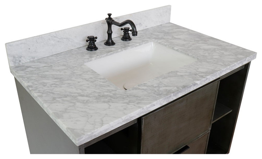 37" Single Vanity, Linen Gray Finish With White Carrara Top And Rectangle Sink