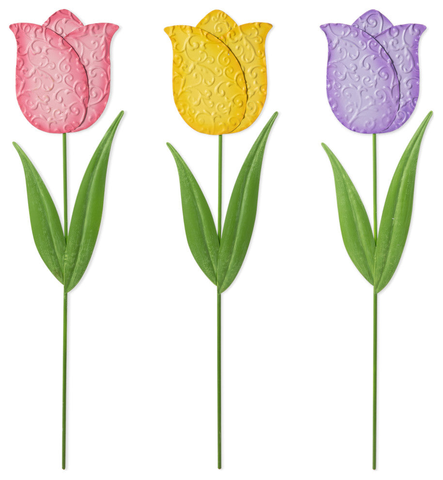 24"H Easter Metal Tulips Yard Stake, 3-Piece Set