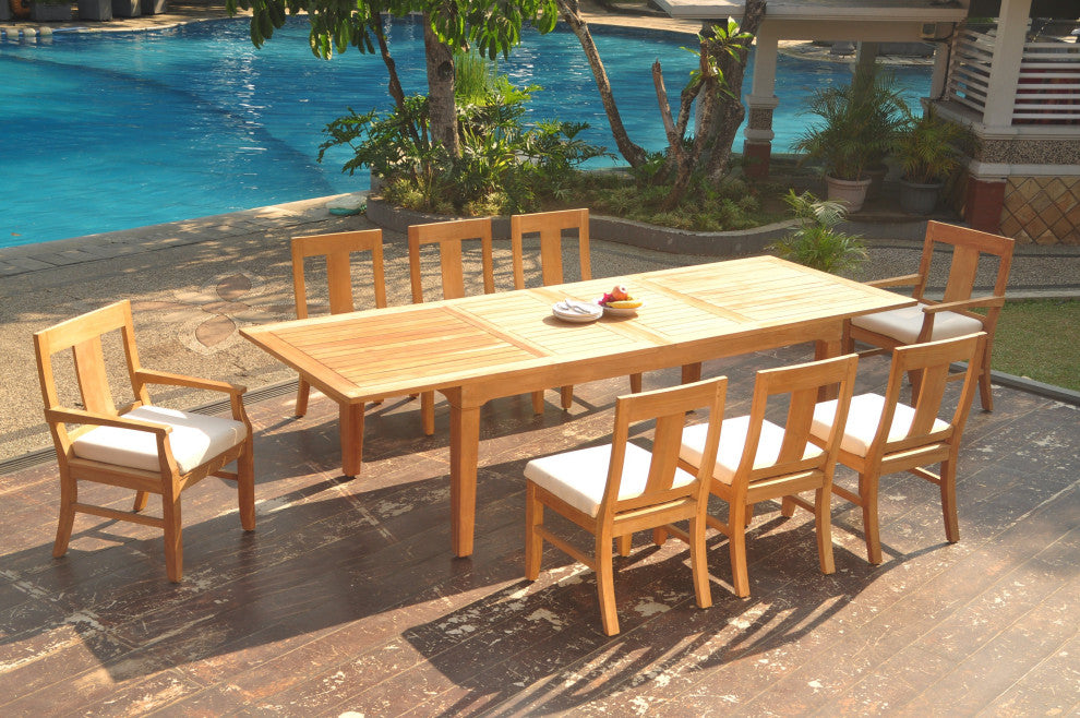 9-Piece Outdoor Teak Dining Set: 122" Extension Rectangle Table, 8 Osbo  Chairs