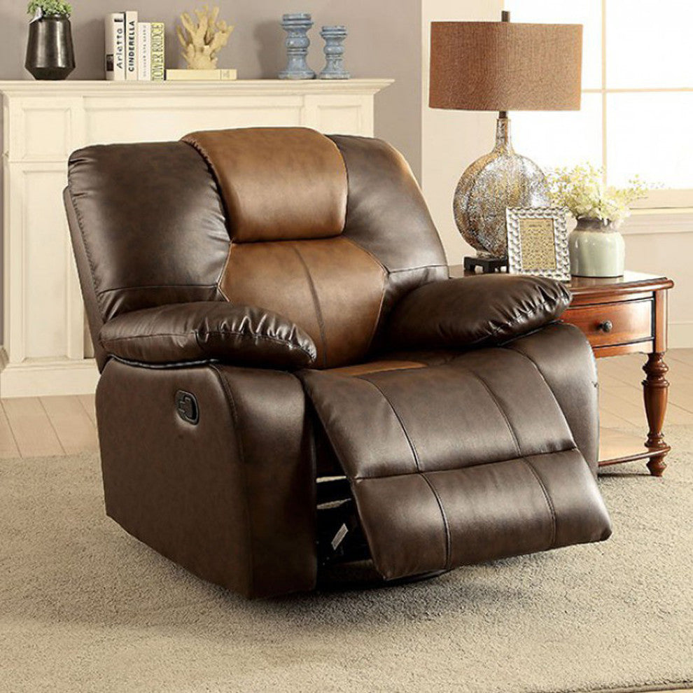 Pollux Transitional Swivel Glider Recliner, Dark Brown and Light Brown Finish