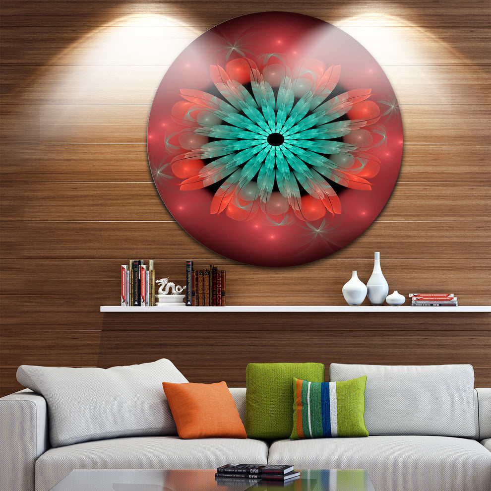 Fractal Blooming Blue Red Flower, Floral Art Round Metal Wall Art, 23"