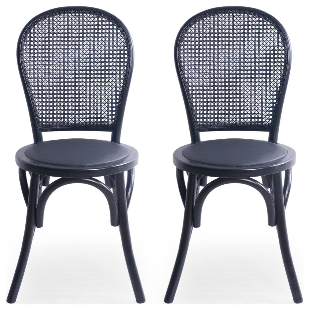 Cano Beech Wood and Rattan Dining Chair With Faux Leather Cushion, Set of 2, Black/Black