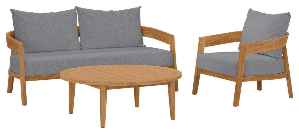 Brisbane 3-Piece Teak Wood Outdoor Patio Outdoor Patio Set, Natural Gray