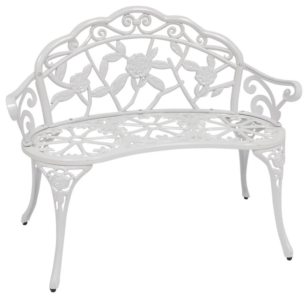 Sunnydaze 2-Person Classic Rose Cast Aluminum White Outdoor Patio Garden Bench
