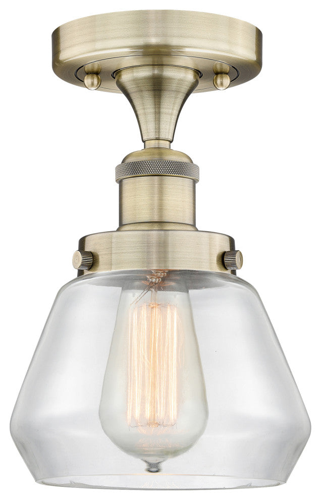 Fulton-1 Light 7" Semi-Flush Mount-Antique Brass, Clear Glass Shade