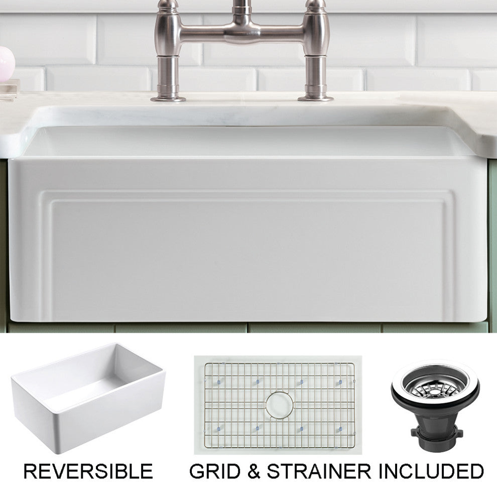 Olde London Reversible Farmhouse Single Bowl Kitchen Sink, Grid, Strainer, 24"