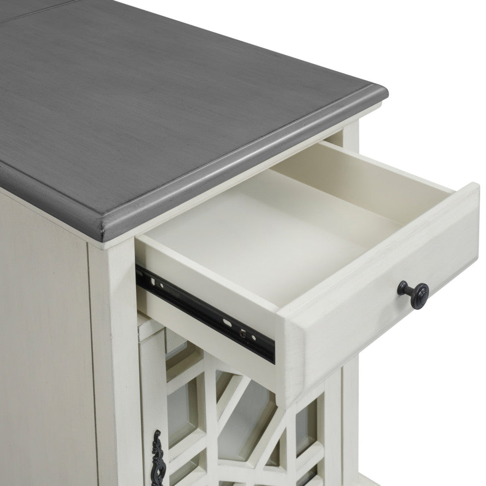 Elegant Chairside Table with Charging Station, White With Grey Top