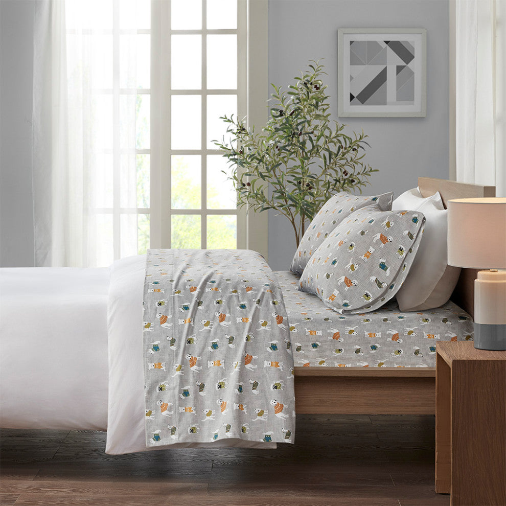 True North by Sleep Philosophy Cotton Flannel Kids Sheet Set, Grey Dogs