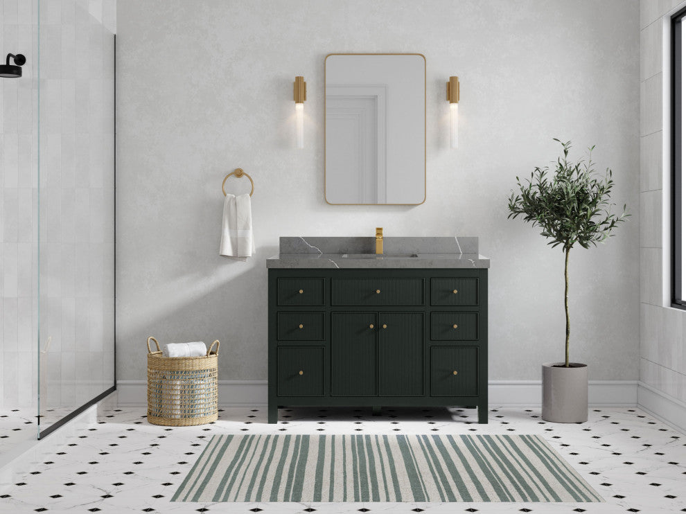 Sonoma 48 Single Sink Reeded Bath Vanity in Dark Forest Green 2" Piatra Gray