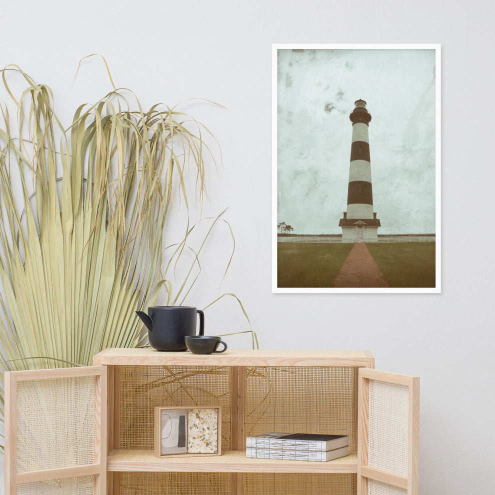 Aged Bodie Lighthouse Landscape Framed Photo Paper Wall Art Prints, White, 24" X 36"