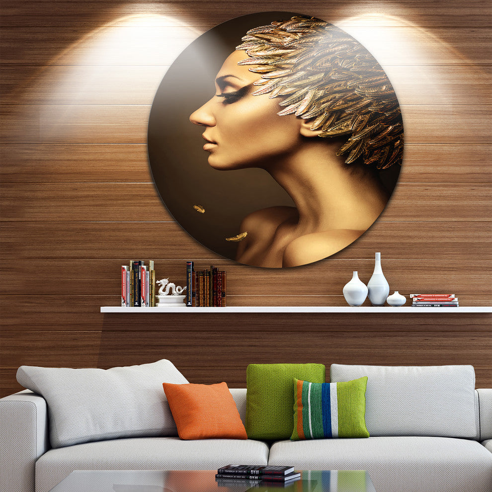 Woman With Gold Feather Hat, Contemporary Large Disc Metal Artwork, 36"