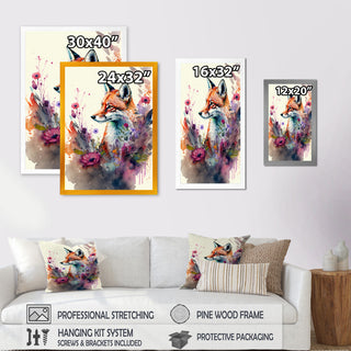 Cute Fox Floral Art II Framed Print, 12x20, Black