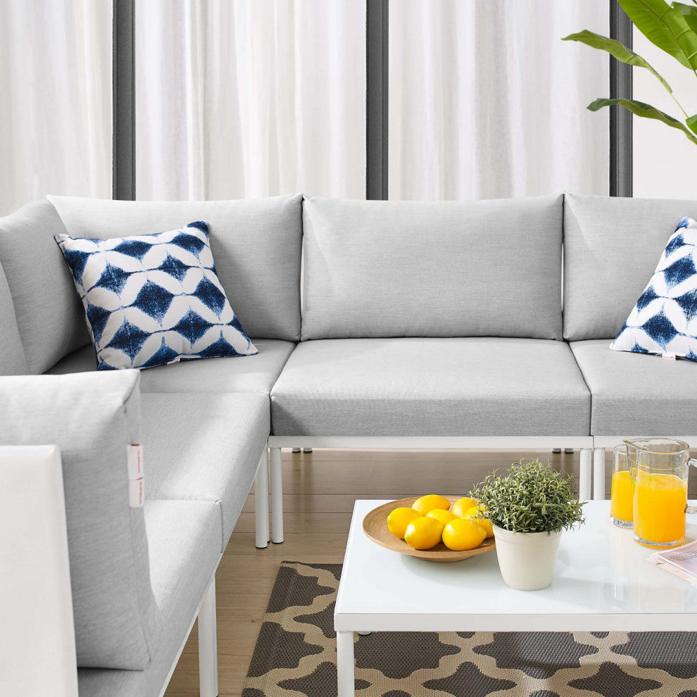 Sectional Sofa Chair Table Set, Sunbrella, Aluminum, White Gray, Outdoor