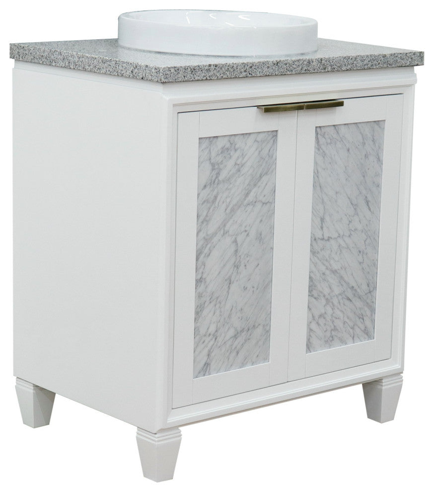 31" Single Sink Vanity, White Finish With Gray Granite With Round Sink
