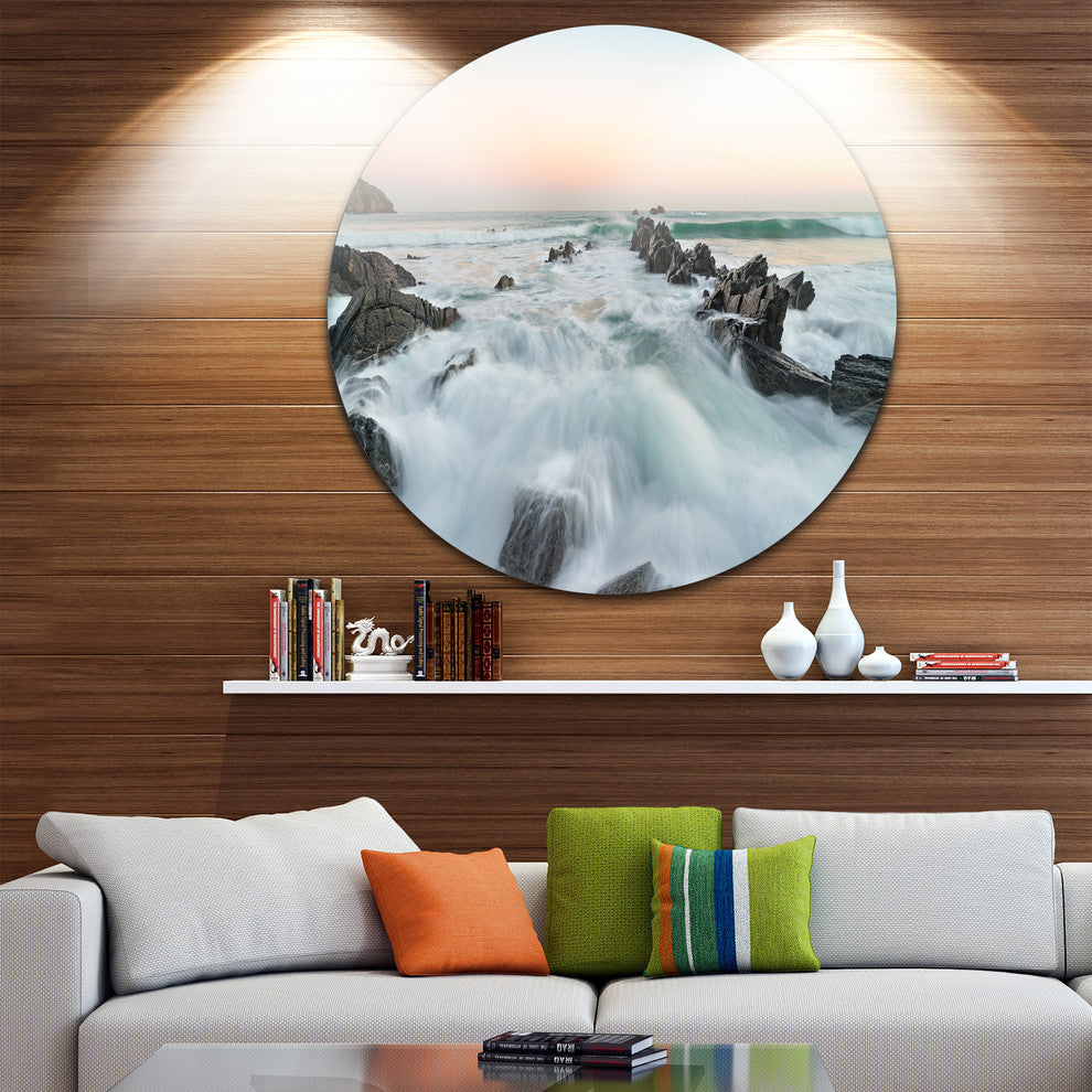 Bay Of Biscay Sunrise Waves, Large Disc Metal Wall Art Landscape, 11"