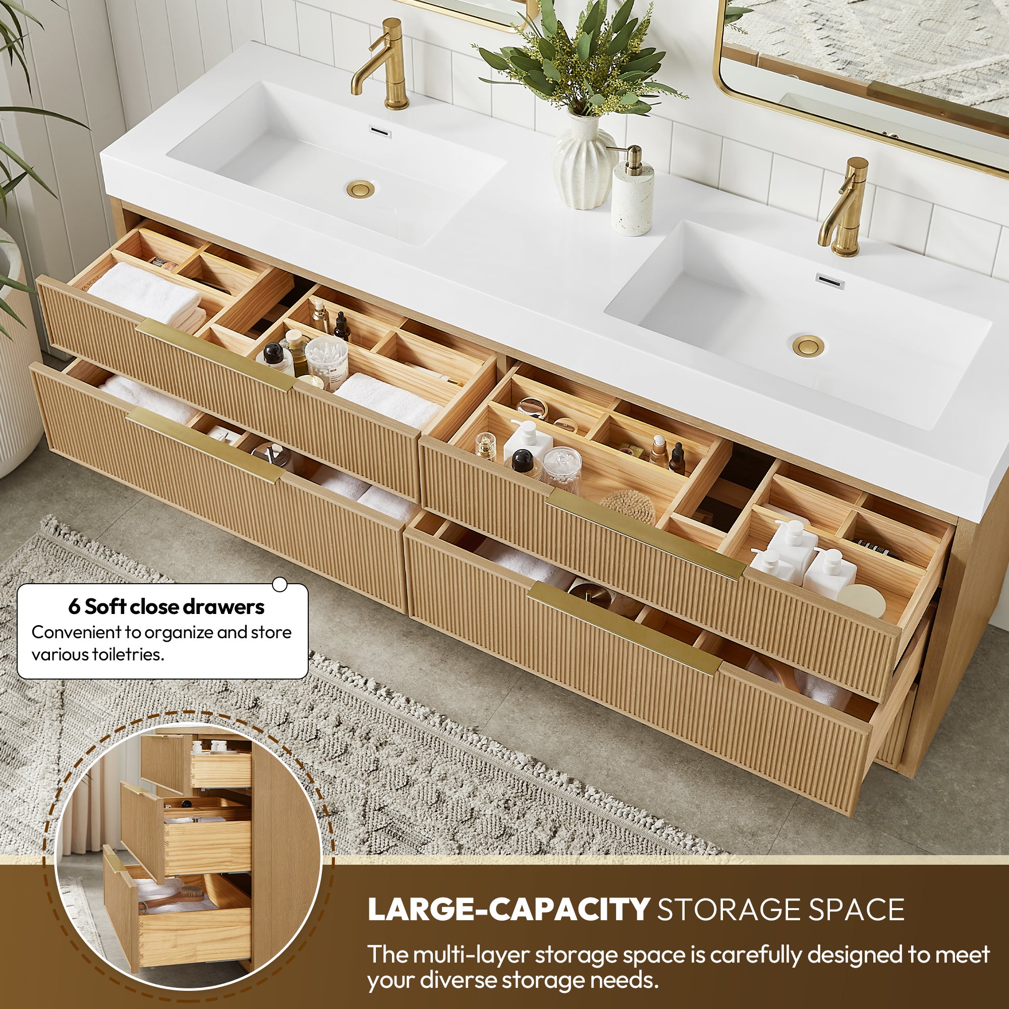 Hohhot Bath Vanity, Stone Sink Top No Mirror, Washed Ash Gray, 72", Double Vanity