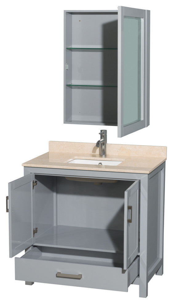 Wyndham WCS141436SGYIVUNSMED Vanity in Gray with Ivory Marble Top and Square Sin