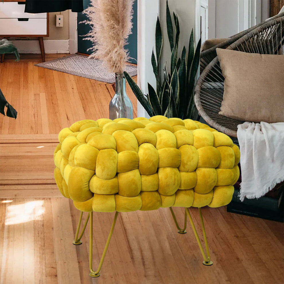 Velvet Pouf Stool Ottoman, Lemon Curry, 27''x20''x20''