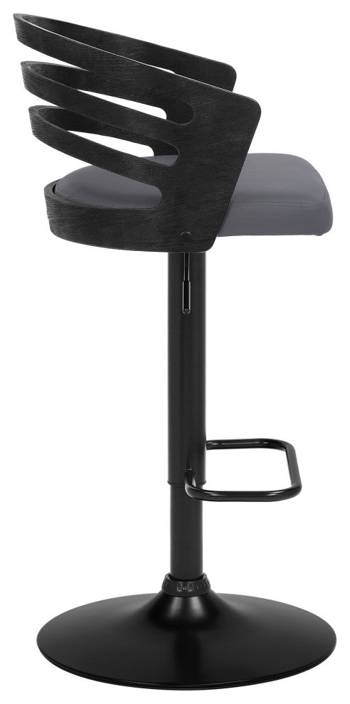 Adele Adjustable Height Swivel Gray Faux Leather and Black Wood Bar Stool